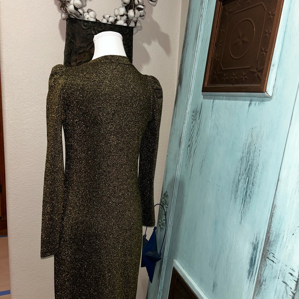 GAP Gold Bodycon Cocktail Dress with Long Puff Sleeves and Mock Neck